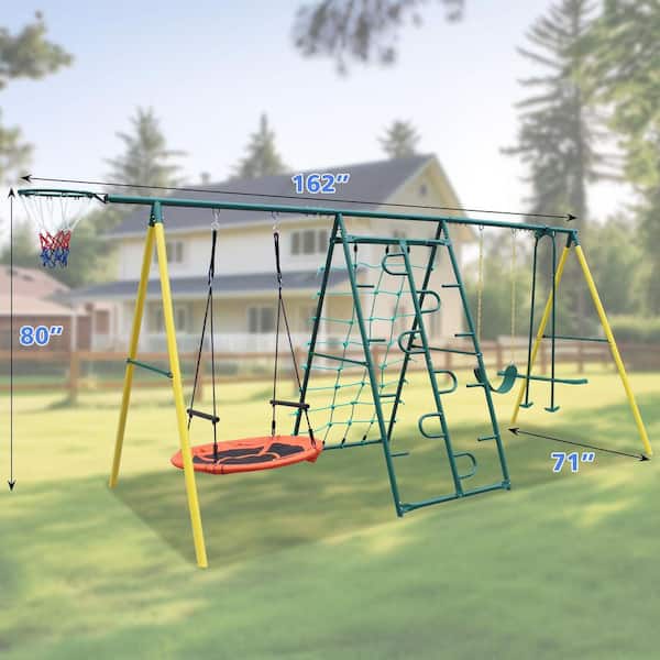 Bon Furni Green & Yellow Metal Swing Playset with Glider and