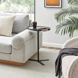 Carter 11.8 in. Oval Teardrop Couch-Side Accent C-Table with Crossed Y-Shape Metal Pedestal Leg - Black Marble/Black