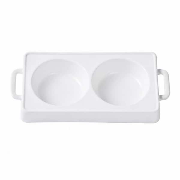 9.4 in. x 4.3 in. White Ceramic 2-Cavity Microwave Egg Poacher for Round Eggs, Breakfast Sandwiches, Dishwasher Safe