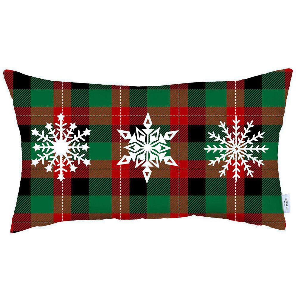 Red and Green Plaid Christmas Snowflake Lumbar Pillow Cover