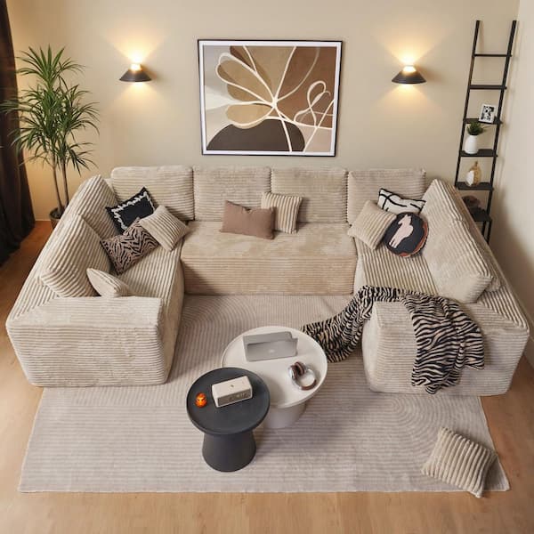 VN 135 in. Wide Arm 3-Piece Modern Plush Corduroy U-Shape Deep Seat Modular Sectional Sofa in. Beige for Living Room