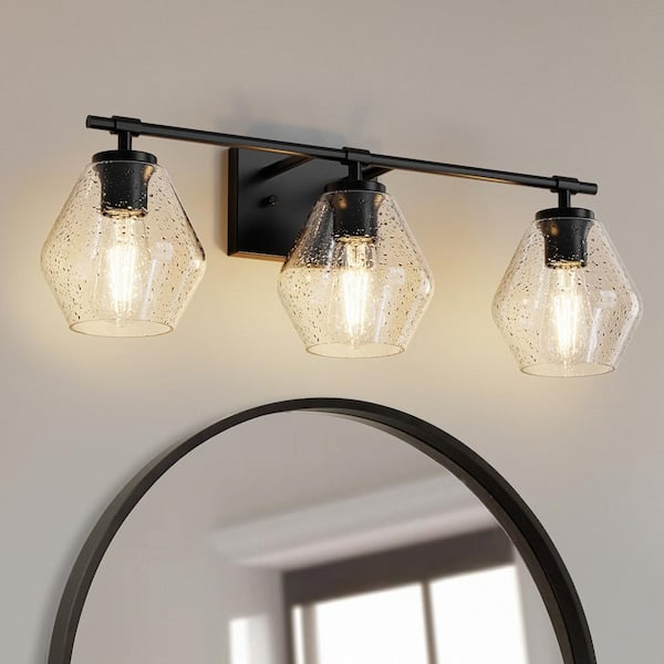 YANSUN 25 in. 3-Light Black Vanity Light with Clear Cone Glass Shades for Bathroom, Mirror, Vanity Area