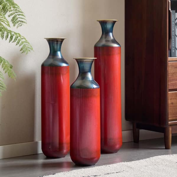 28.34 in. Red Metal Bottle Decorative Vase Set of 3,Rustic Floor
