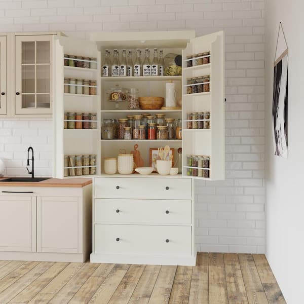 Cream Wood 35 in. W Pantry Cabinet Tall Cupboard Storage Cabinet with Adjustable Shelves and Drawer