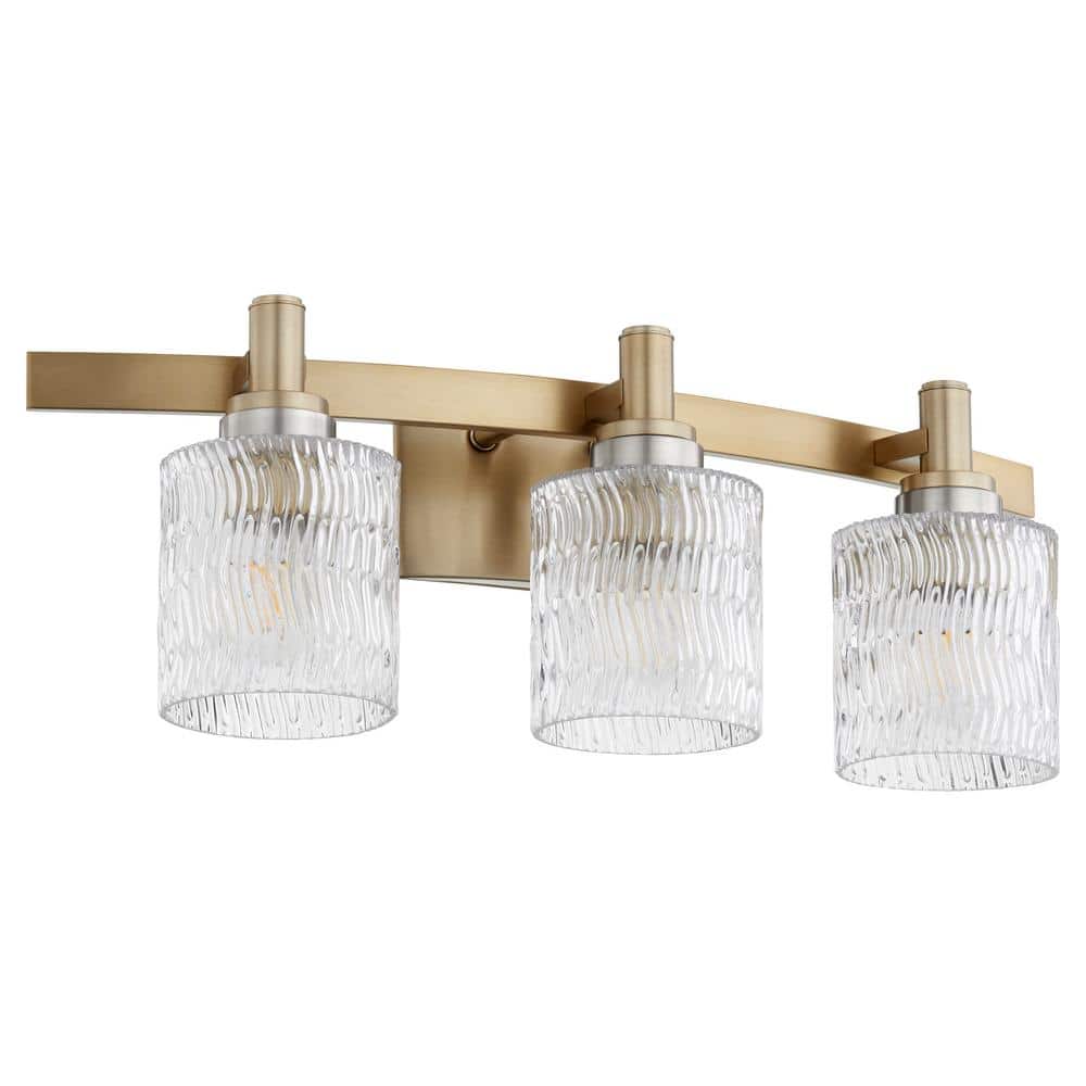 Aged Brass 3-Light Vanity with Clear Glass Shades
