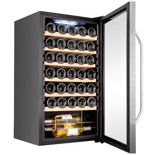 17.3 in. Single Zone 34 Bottle Freestanding Wine Cooler Refrigerator with Lock in Stainless Steel