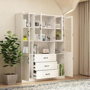 White 63 in. W x 15.7 in. D x 78.7 in. H Wood Storage Cabinet with Adjustable Shelves, Glass Doors