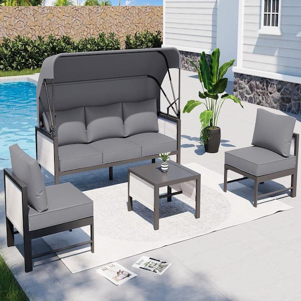 Zeus & Ruta 4-Piece Aluminum Outdoor Conversation Set with Light Gray Cushions, Canopy and 1-Coffee Table