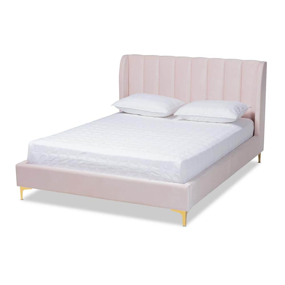 Light Pink Velvet Upholstered Queen Platform Bed with Gold Legs