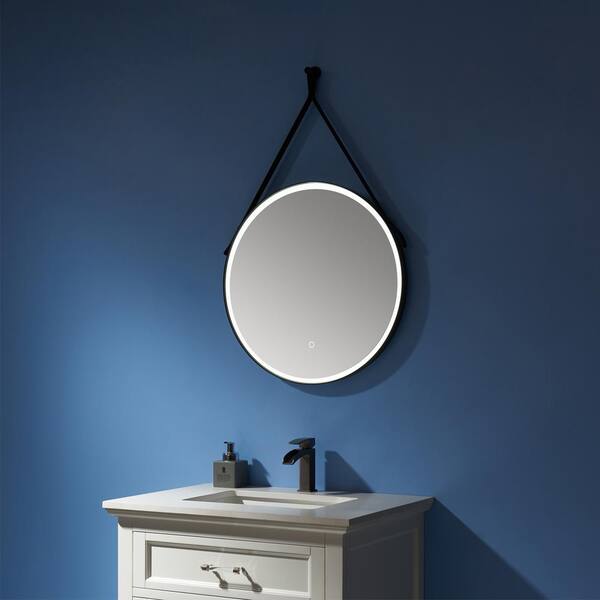ELLO&ALLO 24 in. W x 24 in. H Single Frameless Round LED Light Bathroom Wall Vanity Mirror with Shelf, Clear
