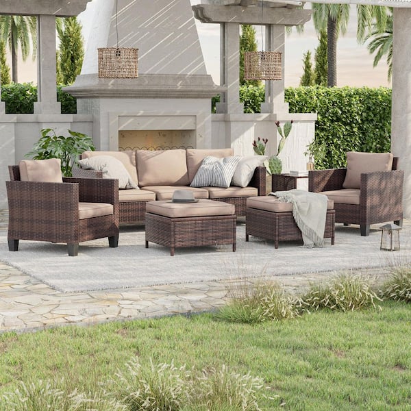 JOYESERY 6-Piece Brown Wicker Outdoor Conversation Seating Sofa Set with Side Table, Sand Cushions