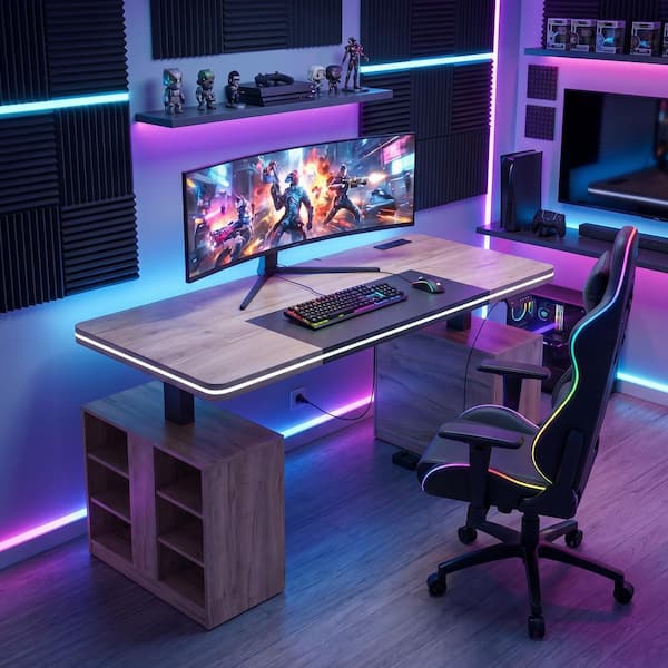 FUFU&GAGA 63 in. Rectangular Natural Wood 0-Drawer Gaming Desk
