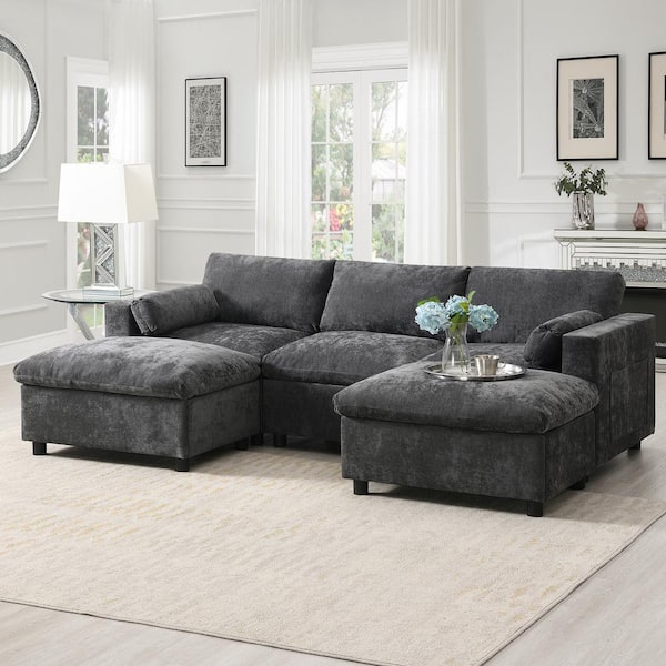 86.5 in. Square Arm 5-seat Chenille Convertible Sectional Sofa in. Dark Gray with 2 Ottoman, 2 Storage Pockets