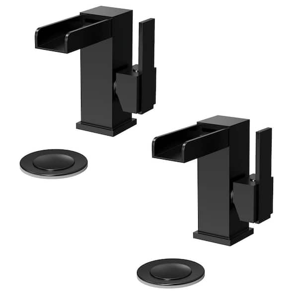 Single Hole Stainless Steel Single Handle Bathroom Sink Faucet 1.8 GPM in Matte Black with Pop-Up Drain (2-Pack)