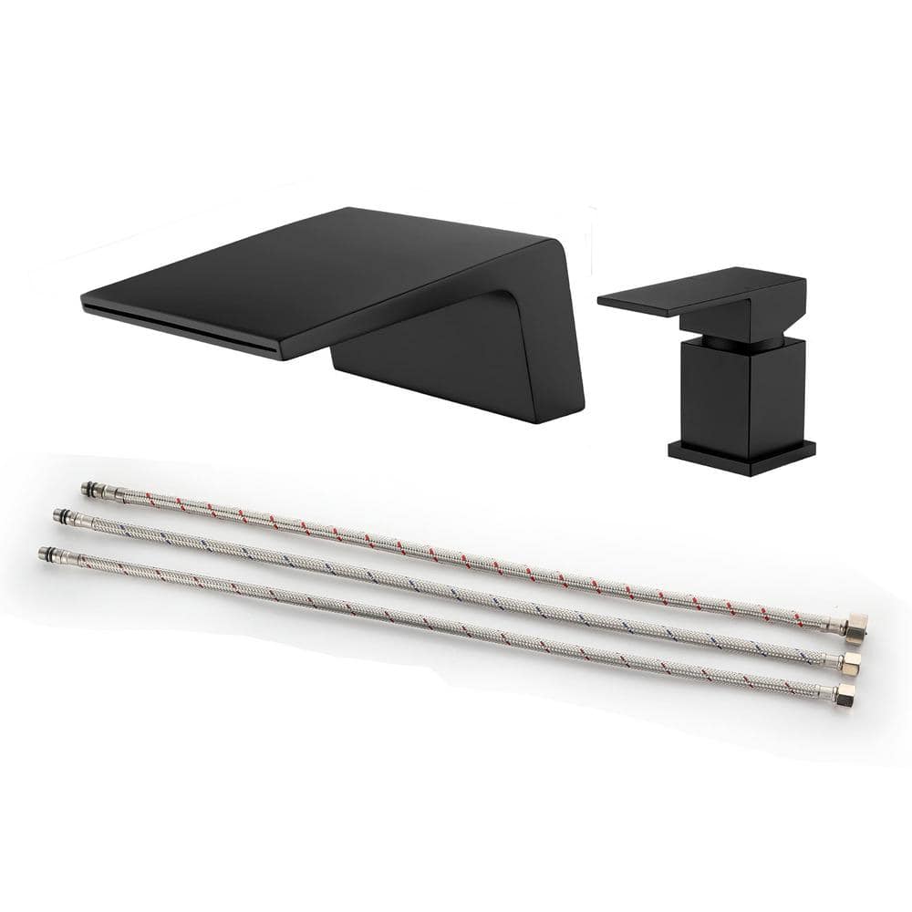 Single-Handle Waterfall Deck-Mount Roman Tub Faucet with Modern 2-Hole Brass Tub Fillers in Matte Black