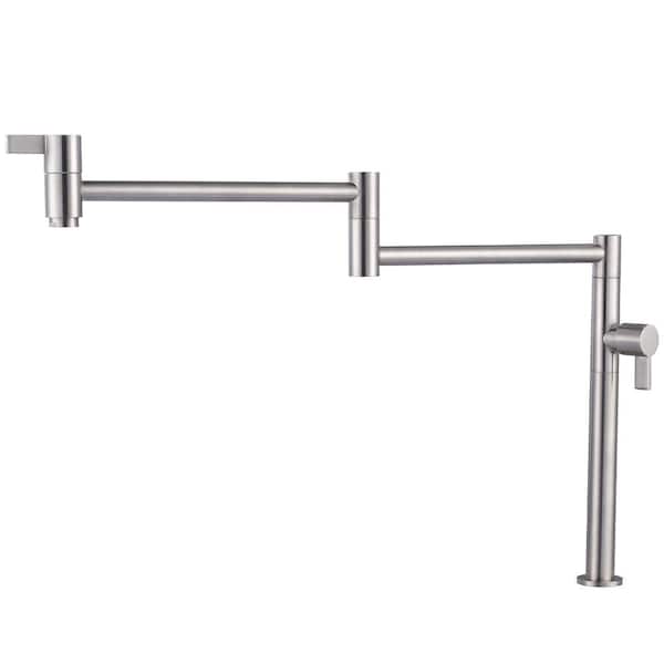 Deck Mounted Brass Pot Filler Folding Kitchen Faucet with Stretchable Double Joint Swing Arms in Brushed Nickel