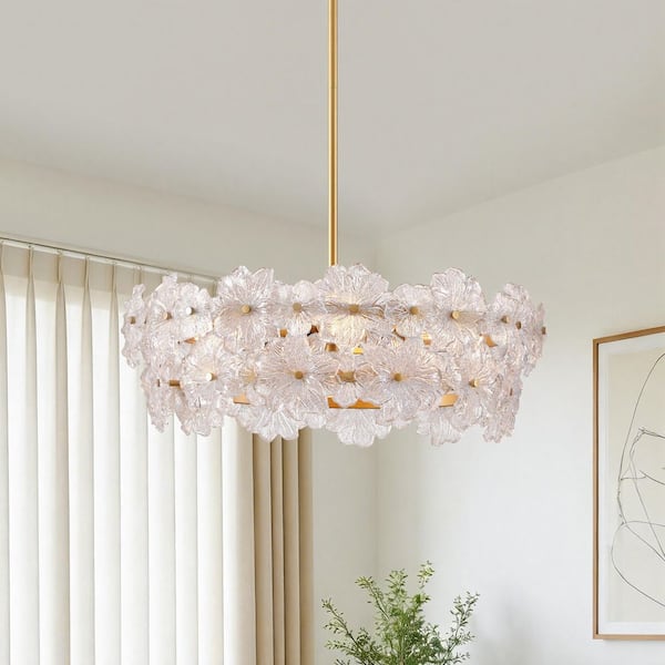 22. 5 in. 4-Light Gold Glass Chandelier, DIY Island Pendant Light with Hand-Made Clear Flower Glass Shades