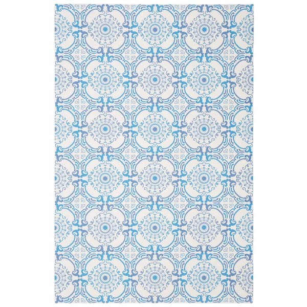 Vinyl Floor 4 ft. x 7 ft. Blue/Ivory Geometric Floral Area Rug
