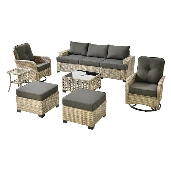 Torino Gray 9-Piece Modern Wicker Patio Conversation Deep Seating Set with Swivel Rocking Chairs and Black Cushions