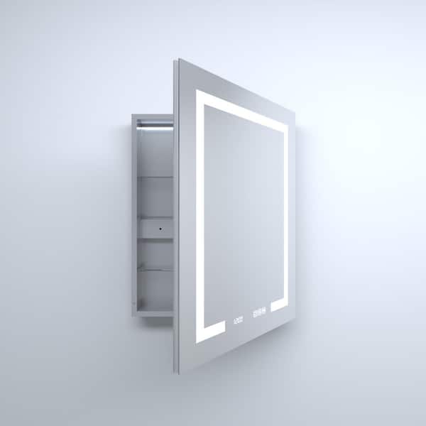 24 in. W x 30 in. H Rectangular Silver Aluminum Recessed/Surface Mount Right Medicine Cabinet with Mirror and LED