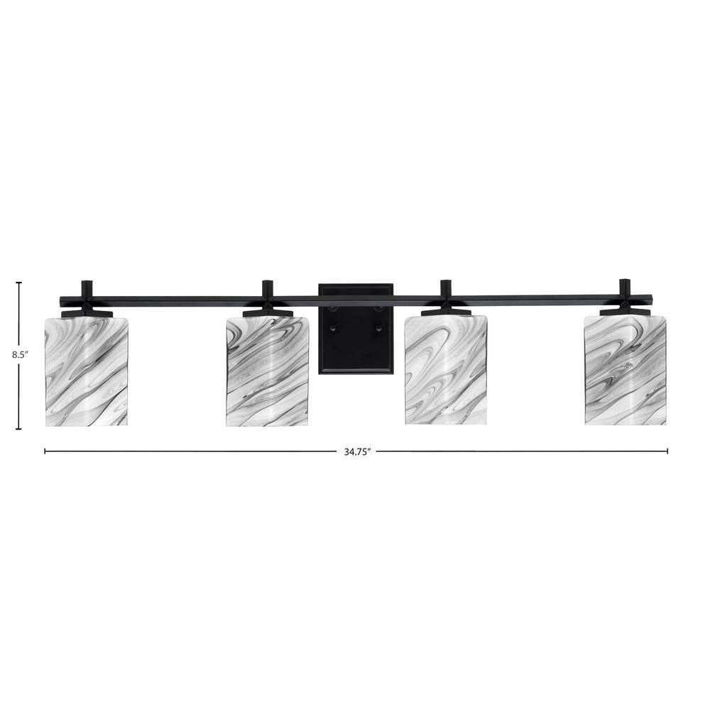 Matte Black 4-Light Bath Bar with White Marble Glass Shades