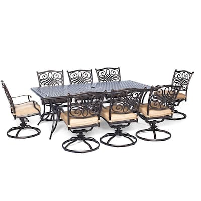 Seasons 9-Piece Aluminum Outdoor Dining Set with Tan Cushions with 8 Swivel Dining Chairs and Dining Table