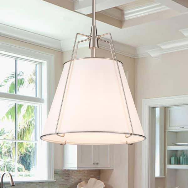 Haven 4-Light 15 in.W Brushed Nickel Modern Drum Pendant Light with Fabric Cover and Acrylic for Kitchen/Living Room