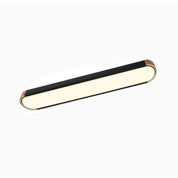 HUOKU Lumin 38 in. W 1-Light Black and Wood Integrated LED Flush Mount Minimalist Long Oval Wood Ceiling Light for Hallway
