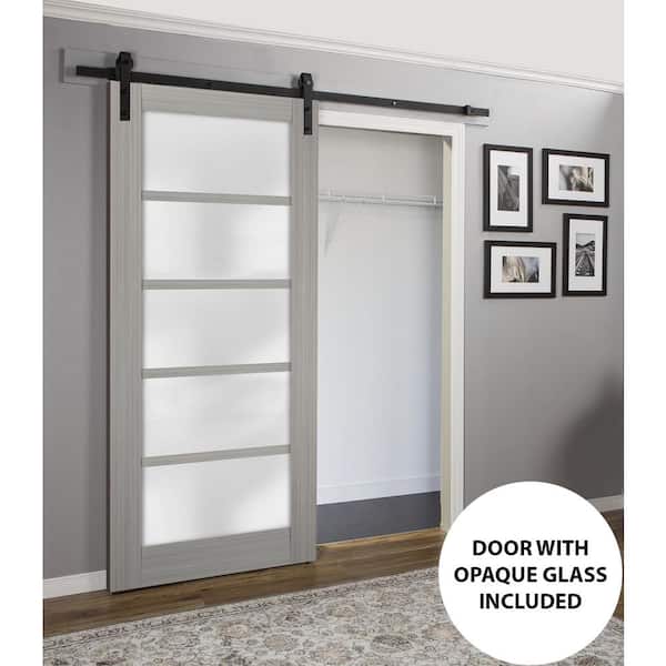 Assemble Required 60 in. x 84 in. Single Panel Gray Finished Solid MDF Sliding Door with Double Barn Hardware Kit