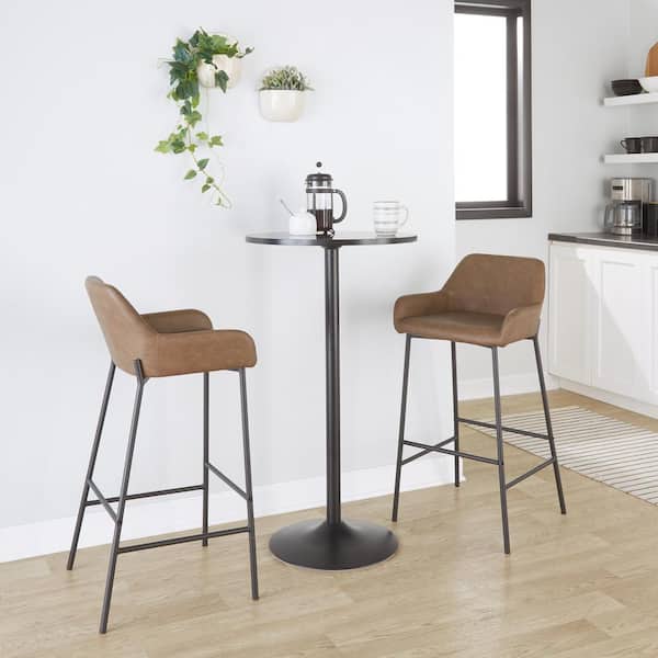 Daniella 30 in. Espresso Faux Leather, Black Metal Fixed-Height Bar Stool (Set of 2)