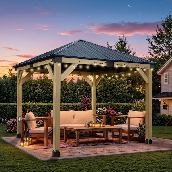 10 ft. x 10 ft. Upgrade Cedar Wood Frame Gazebo with Galvanized Metal Roof and Outlets, for Patio Deck and Lawn