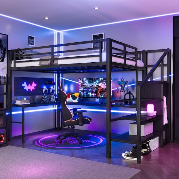 Black Full XL Wood/Metal Loft Bed with L-shaped Desk and USB,Wardrobe and Adjustable Shelf,LED for Kids Teens Adults