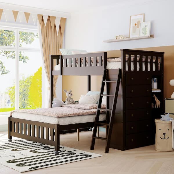 Wooden Twin Over Full Bunk Bed in Espresso With 6 Drawers And Flexible Shelves