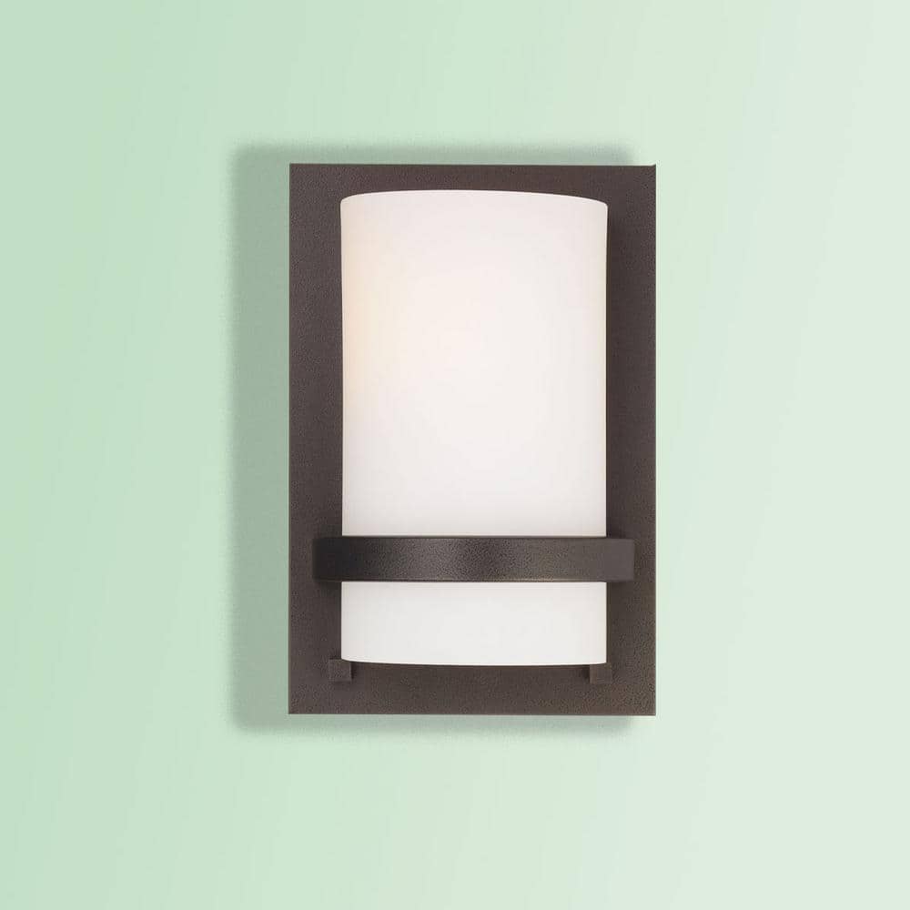 Smoked Iron and Etched Opal Glass Cylinder Wall Sconce