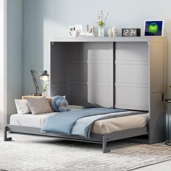 Gray Wood Frame Queen Size Murphy Bed with Rattan Design