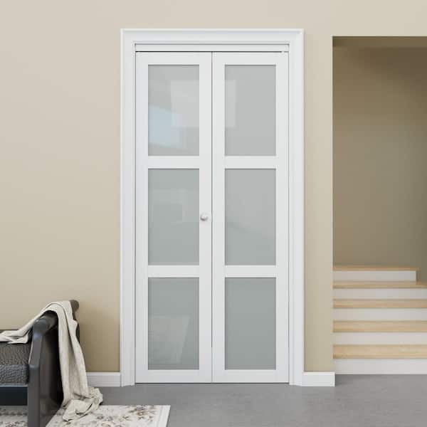 36 in. x 96 in. 3-Lite Frosted Glass Solid Core White MDF Finished Glass Closet Bi-fold Door with Hardware