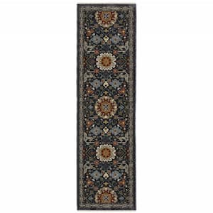 Blue and Ivory 2 ft. x 8 ft. Oriental Power Loom Fringe with Runner Rug