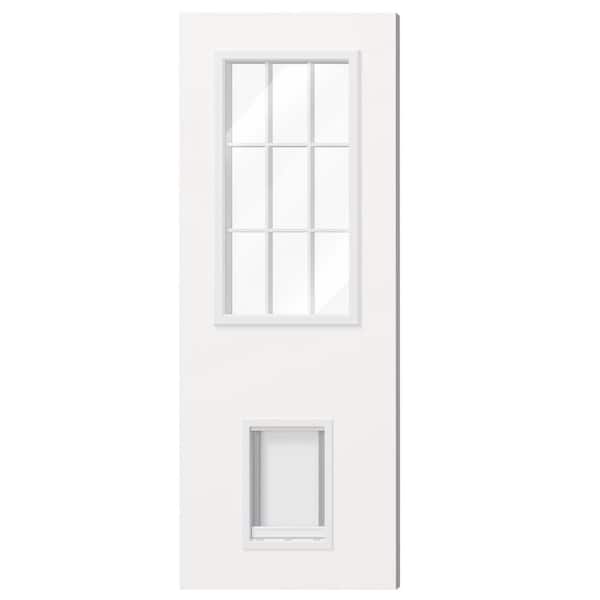 30 in. x 80 in. 9 Lite, Universal, Clear Glass, White Primed Wood Front Door Slab with Large Pet Door