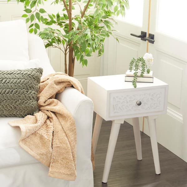 Litton Lane 13 in. White Intricately Carved Scroll Single Drawer Large Rectangle Wood End Accent Table