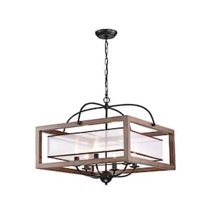 Nieves 6-Light Antique Black Metal Natural Wood Fabric Shade Caged Square Chandelier with No Bulbs Included