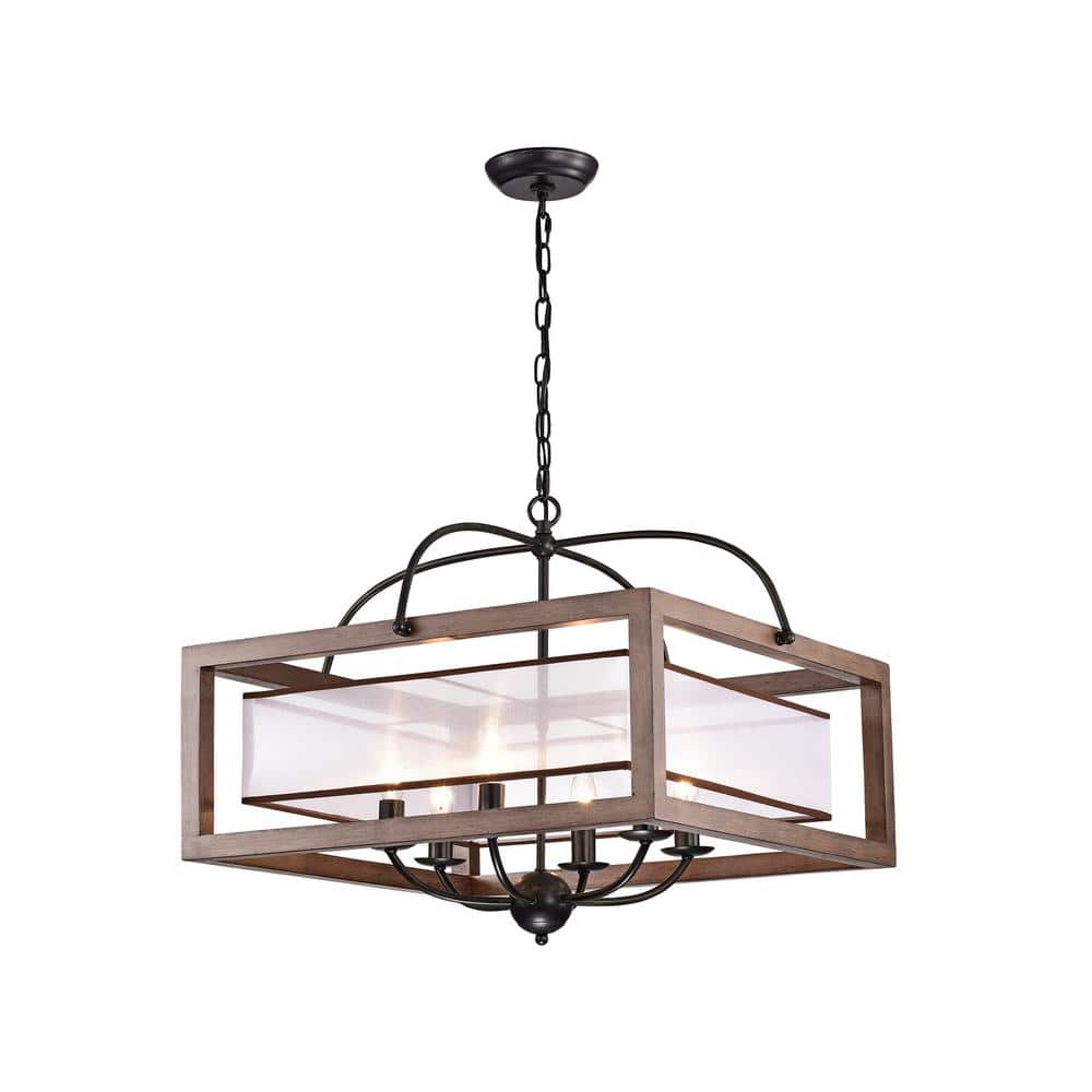Nieves 6-Light Antique Black Metal Natural Wood Fabric Shade Caged Square Chandelier with No Bulbs Included price history on PriceWatchPro
