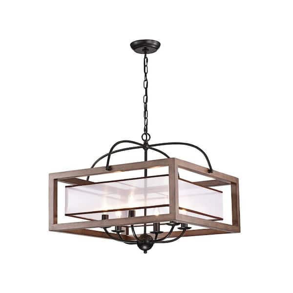 Jojospring Nieves 6-Light Antique Black Metal Natural Wood Fabric Shade Caged Square Chandelier with No Bulbs Included