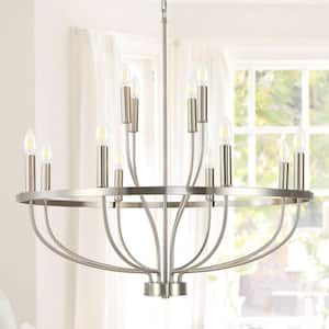 12-Light Farmhouse Brushed Nickel Chandelier Candle Style Empire Classic Hanging Lighting