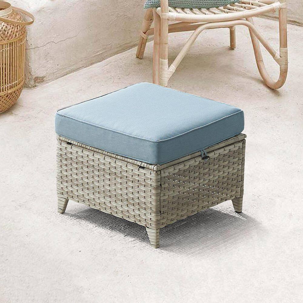 ArcLine Light Beige Wicker Outdoor Ottoman with Olefin Baby Blue Cushions Patio Footrest (2-Pack)