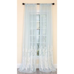 Blue Floral Embroidered Rod Pocket Sheer Curtain - 54 in. W x 108 in. L (1-Piece)