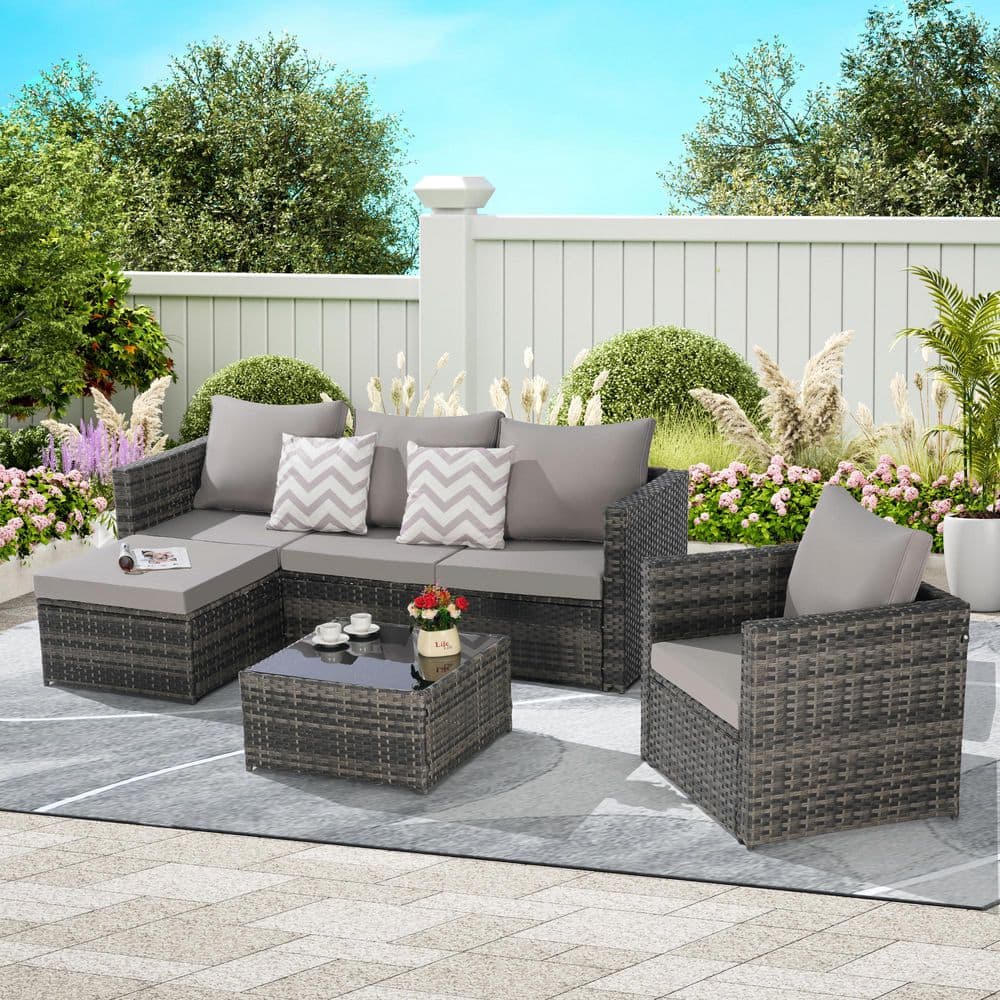 Gray 3-Piece Seat 6-Wicker Woven Corner Outdoor Conversation Sectional Sofa