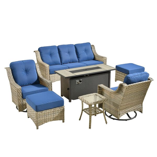 Eureka Gray 7-Piece Wicker Patio Conversation Sofa Swivel Chairs Set with Metal Fire Pit and Navy Blue Cushions