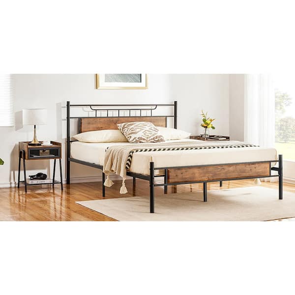 VECELO 53.15 in. W Brown Full Size Metal Platform Bed with