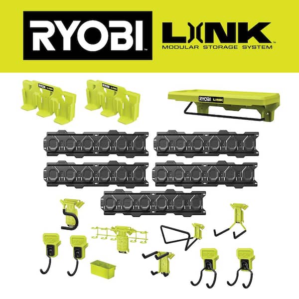 RYOBI LINK 15 Piece Wall Storage Kit, (2) 40V Battery Shelves, and Cleaning Shelf