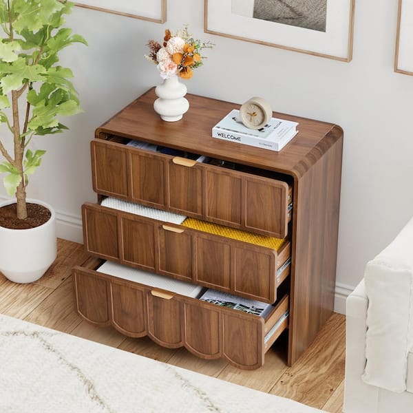 ATHMILE 3-Drawer Compact Dresser, Walnut MDF Scalloped Chest for Small Spaces